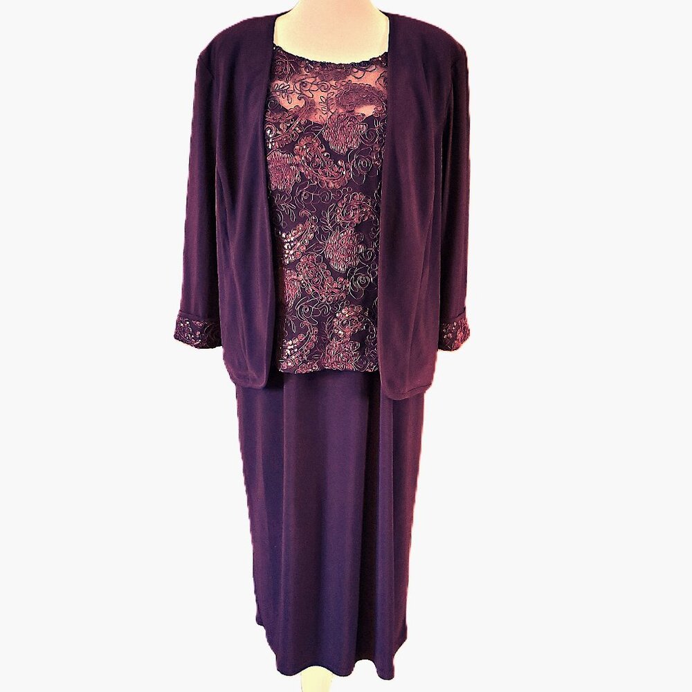 Maya Brooke Eggplant Sequin Embroidered Jacket Dress 2-Piece Set Women's Size 14